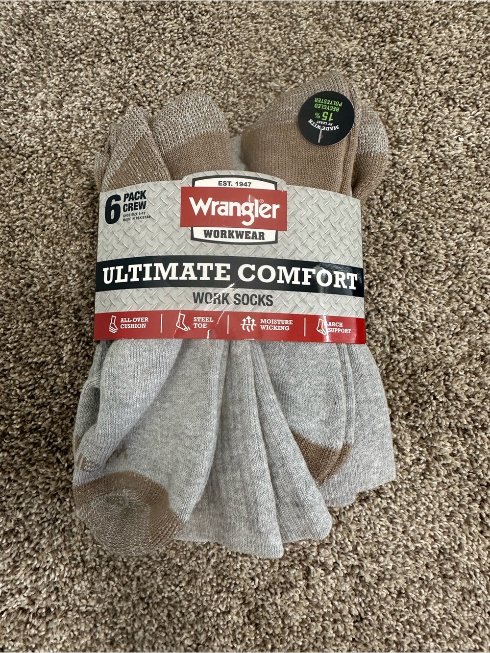 Wrangler Gray Crew Socks with Brown Toe & Heel (6 Pack)